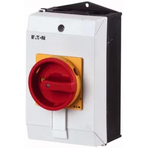 Main switch, P1, 25 A, surface mounting, 3 pole, Emergency switching off function, With red rotary handle and yellow locking ring, Lockable in the 0